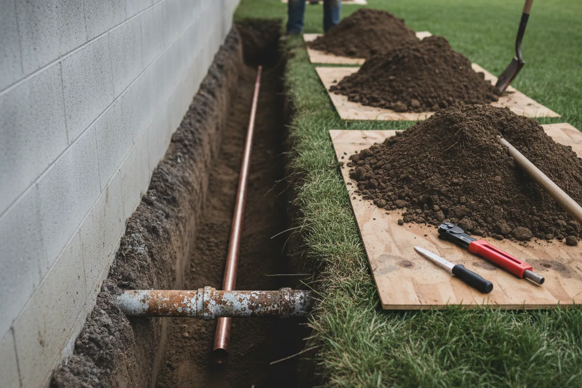 Excavated water line trench during Water Softener Installation in Northfield